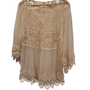 Le Dor Crochet Lace Mesh Tunic Sz Med Cream Boho Sheer Babydoll Top Renaissance